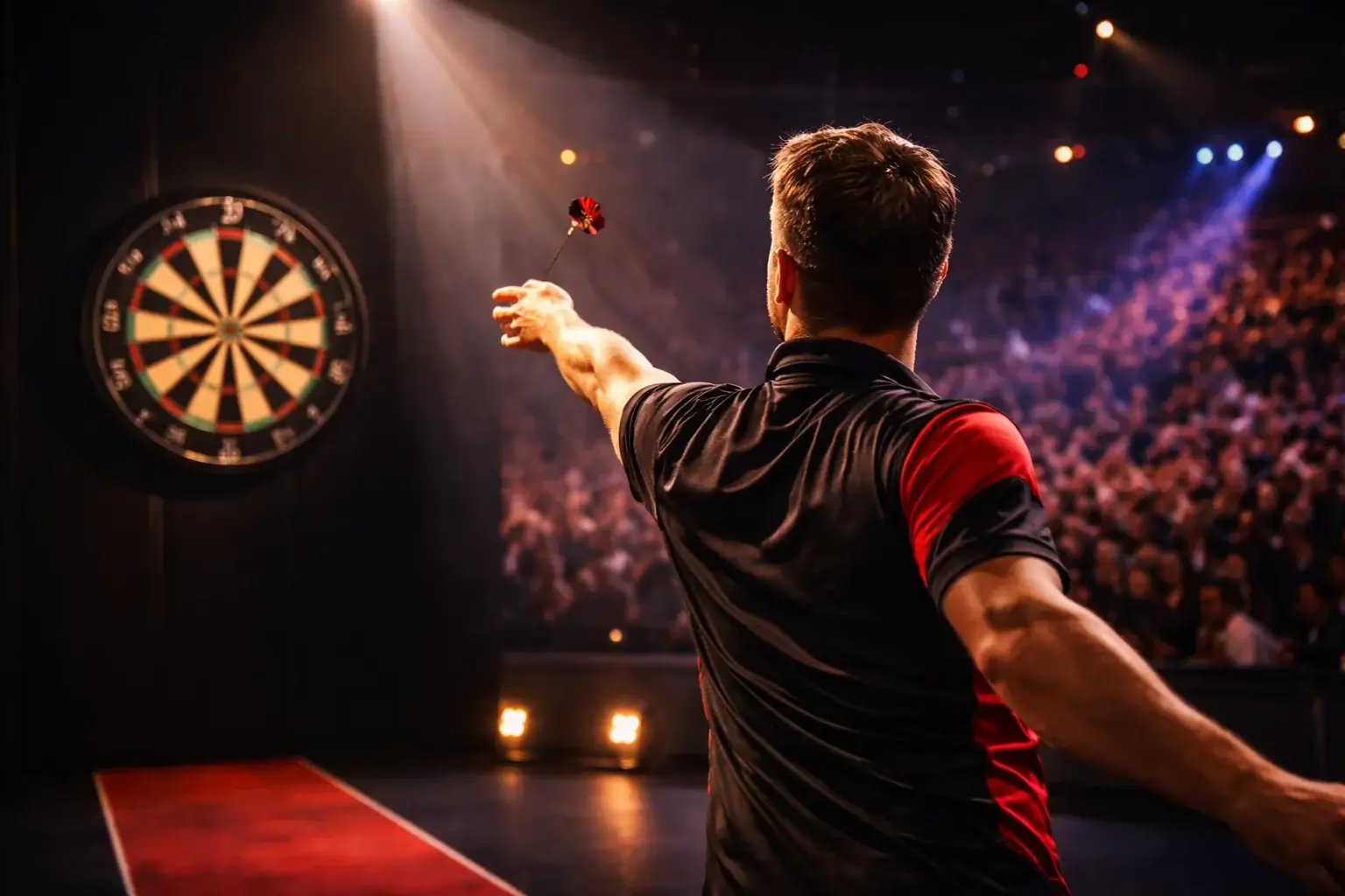 Darts 9-Darter perfektes Leg mit Spieler am Oche
