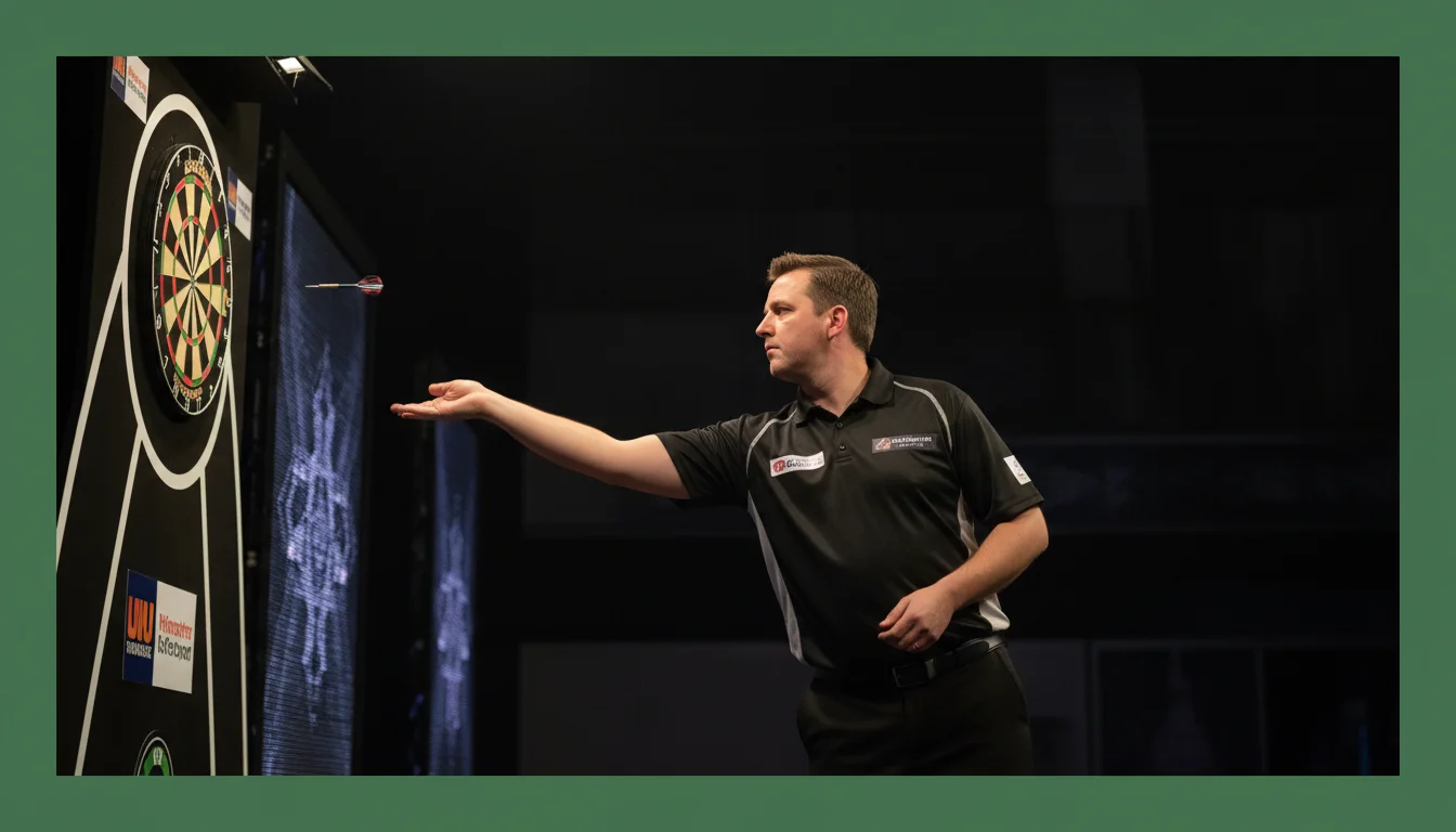 Dartspieler wirft Pfeil auf Dartscheibe bei Turnier