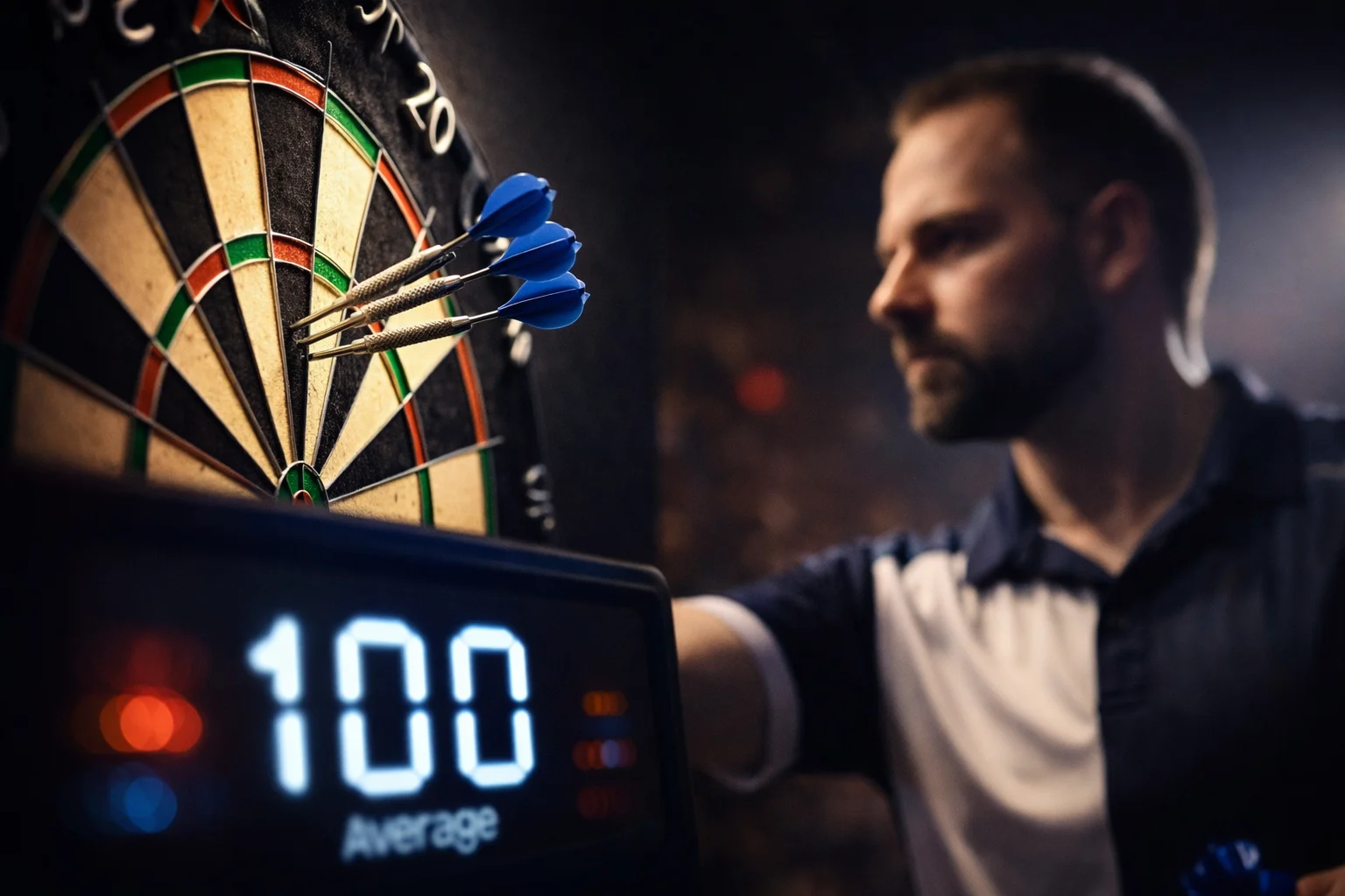 Darts Spieler beim Wurf mit Statistik-Anzeige des Average Punkteschnitts