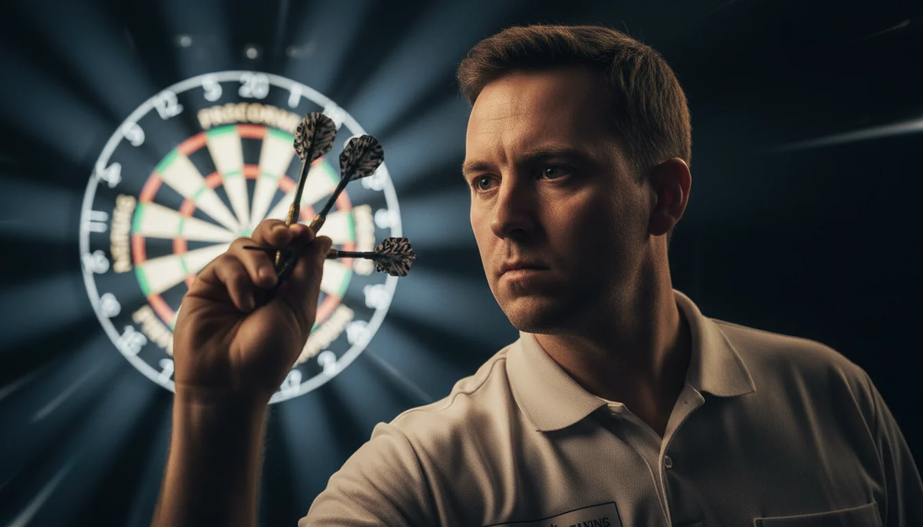 Dartspieler vor leuchtender Dartscheibe in Nahaufnahme