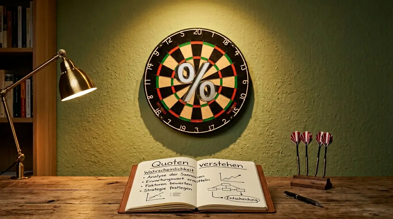 Darts Quoten Berechnung mit Dartscheibe und Prozentzeichen