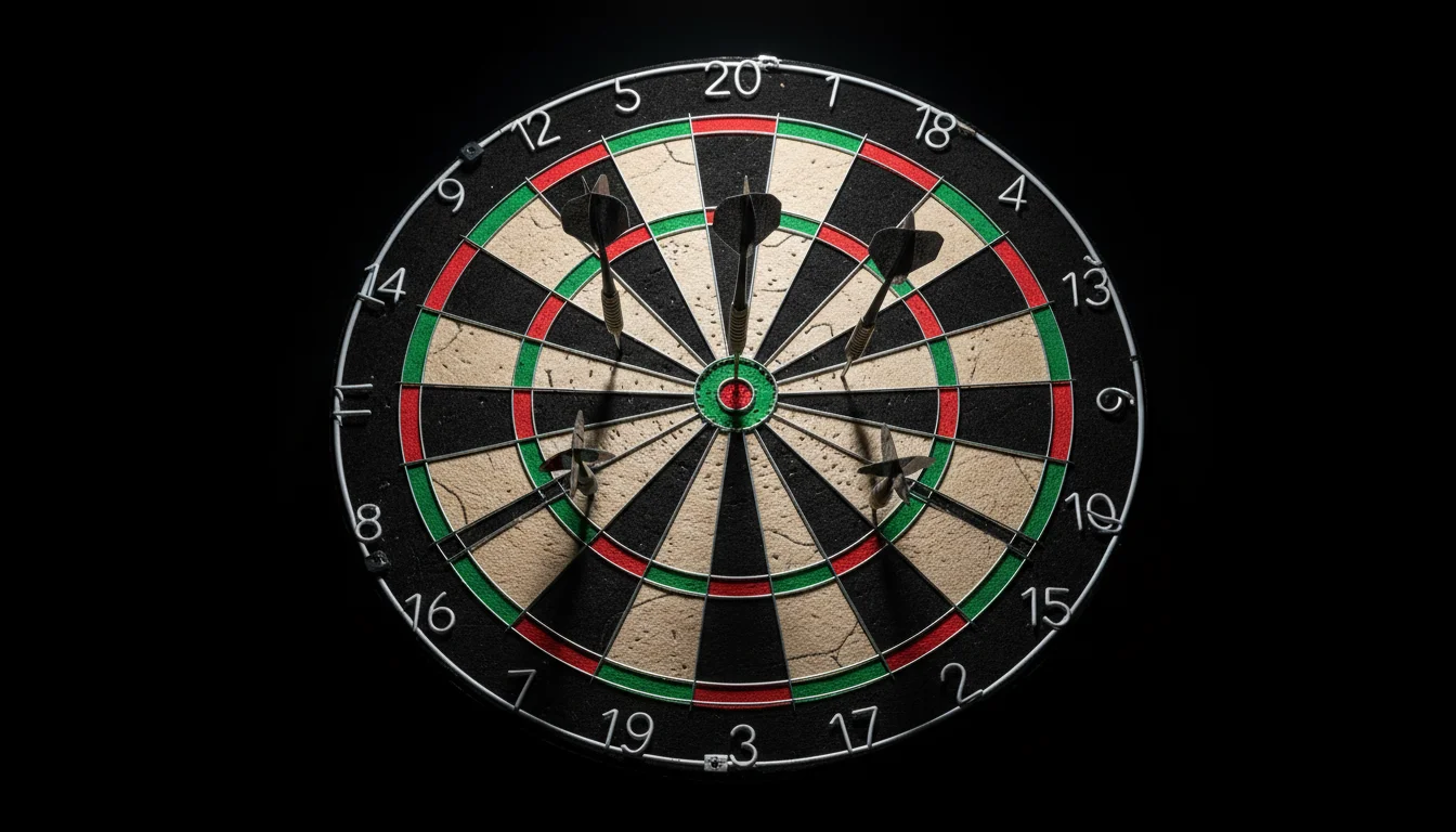 Dartpfeile auf Dartscheibe mit Fokus auf Punktebereich