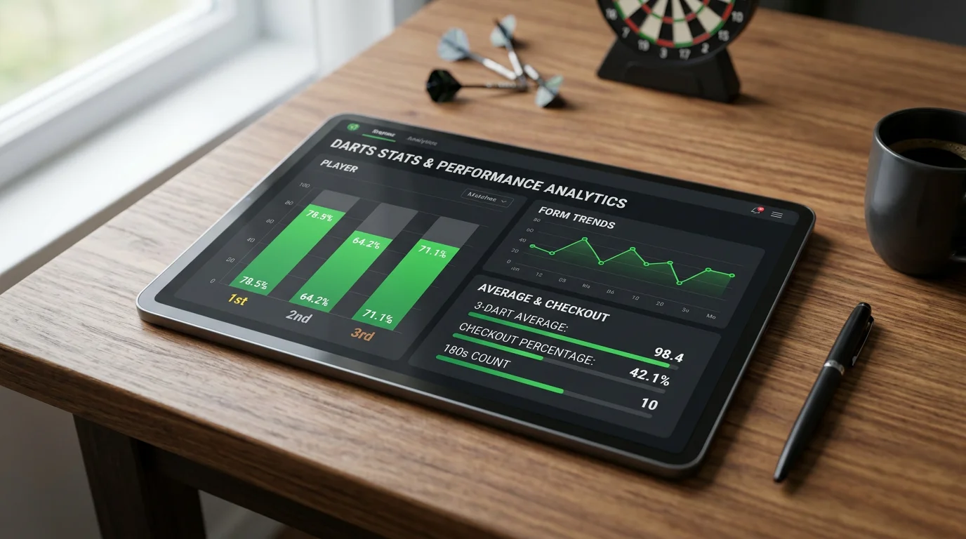 Darts-Statistiken mit Average und Checkout-Quote auf Tablet