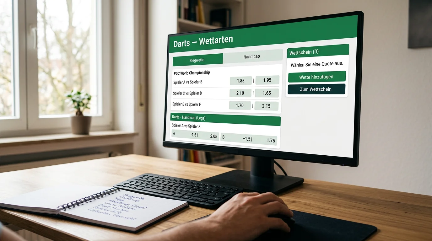 Übersicht verschiedener Darts-Wettarten auf einem Bildschirm