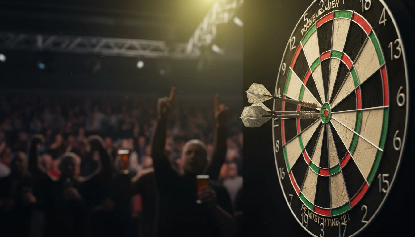 Dartscheibe mit Pfeilen im Scheinwerferlicht bei professionellem Turnier