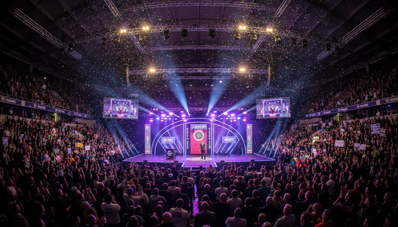 Dartbühne im Alexandra Palace mit jubelndem Publikum